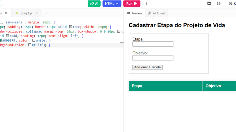 Construindo a Tabela do Projeto de Vida | Aula Programação WEB dia 13/07